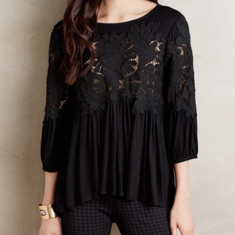 Anthropologie Black Lace Embroidered Deletta Top